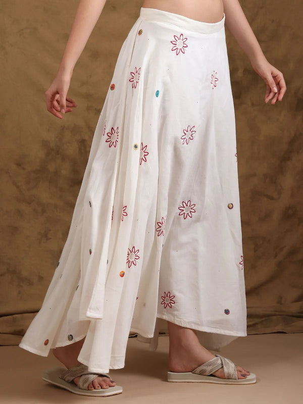 Chikankari umbrella skirt with pale floral hand embroidery and full flared hem