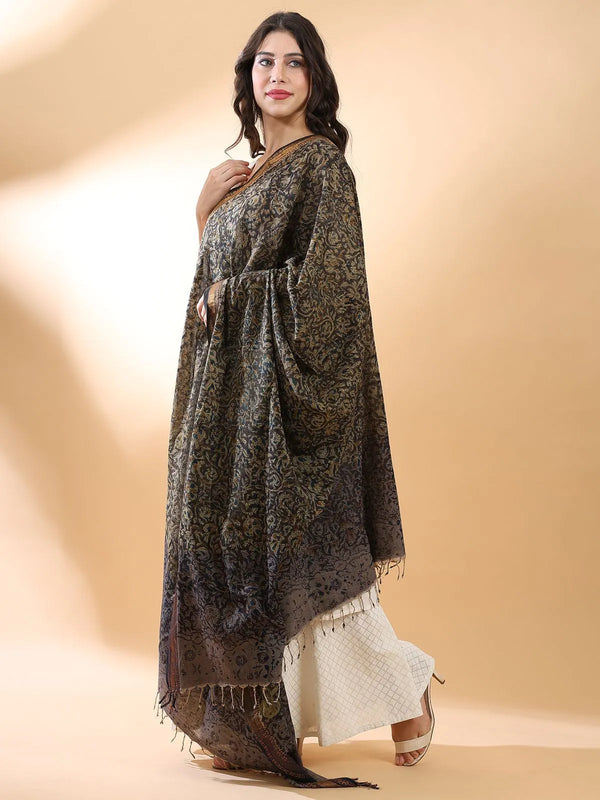 Black cotton Kalamkari dupatta with ochre and olive floral jaal block print, full drape view *