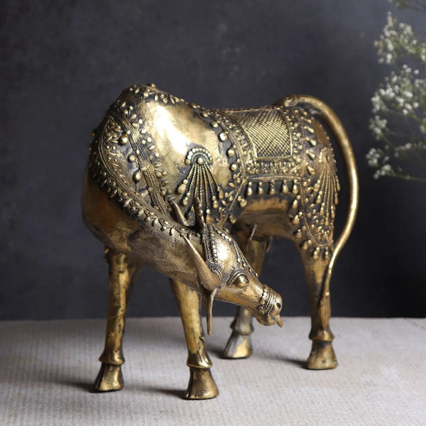 Dokra brass Kamadhenu cow figurine handcast by the lost-wax method, front view