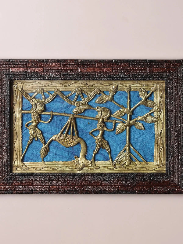 Dokra frame wall art with cast brass figures in raised lost-wax detailing, handmade in India