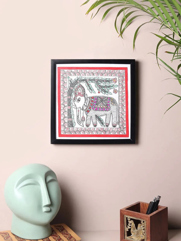 Elephant Madhubani painting hand painted and framed at 32 x 22 cm, Mithila folk art curated by Prayatna