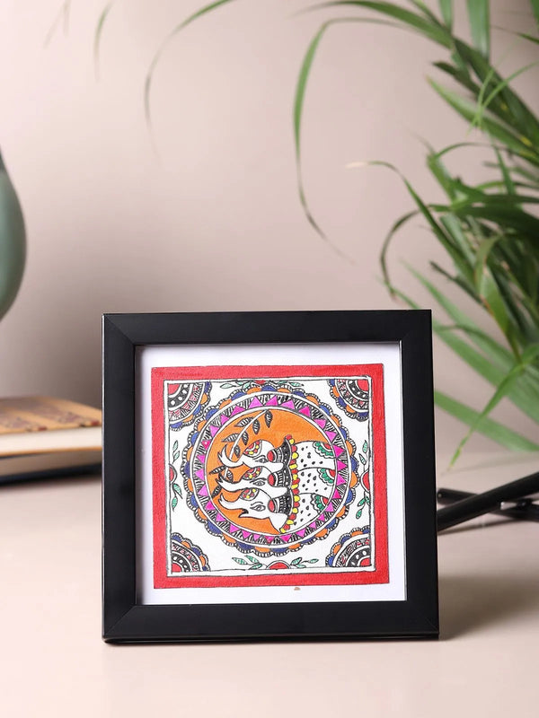 Handpainted elephant Madhubani painting on handmade paper, Mithila folk art in natural pigment