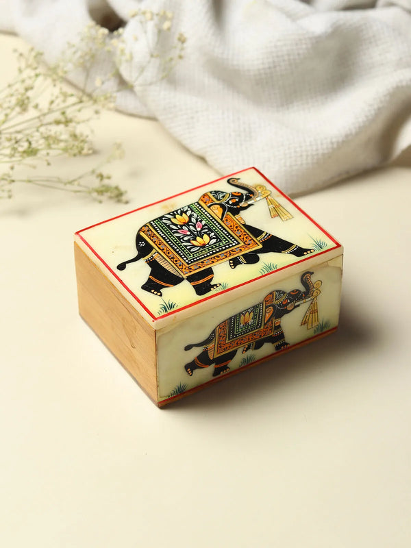 Elephant marble inlay jewellery box in white marble with an elephant motif in stone inlay on the lid
