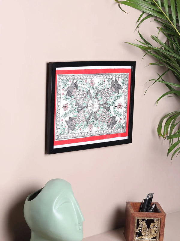 Fish Madhubani painting hand painted on paper in a 32 x 22 cm frame, Mithila folk art curated by Prayatna