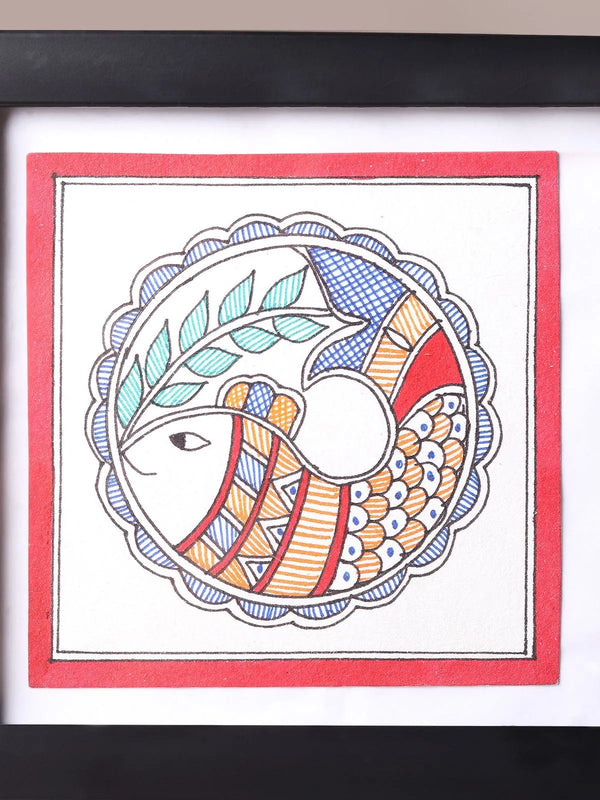 Fish Madhubani painting hand painted in the Mithila tradition, shown full frame