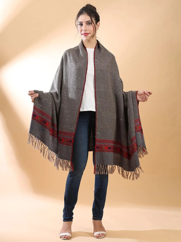 Gray Himachali Kullu shawl with multicoloured geometric border, full drape