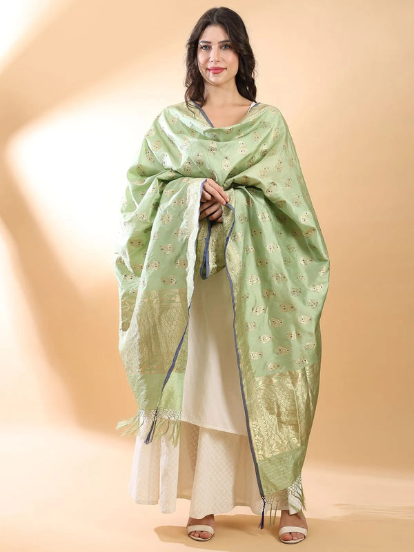 Green Banarasi handloom dupatta with gold zari buti motifs on folded display