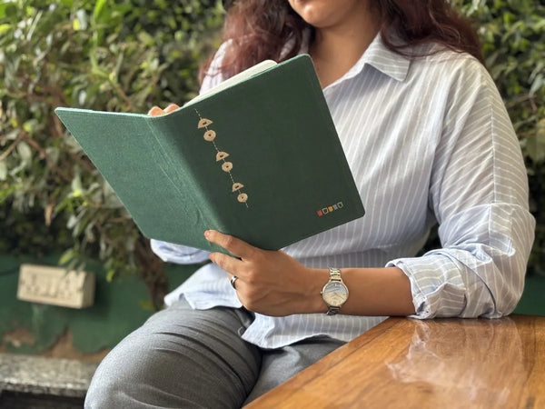 Green embroidered diary cover with floral hand stitchwork on cotton, handmade in India