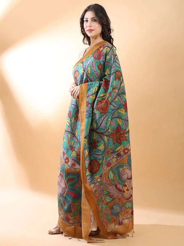 Green block-printed Kalamkari cotton dupatta with floral and paisley motifs in black and rust