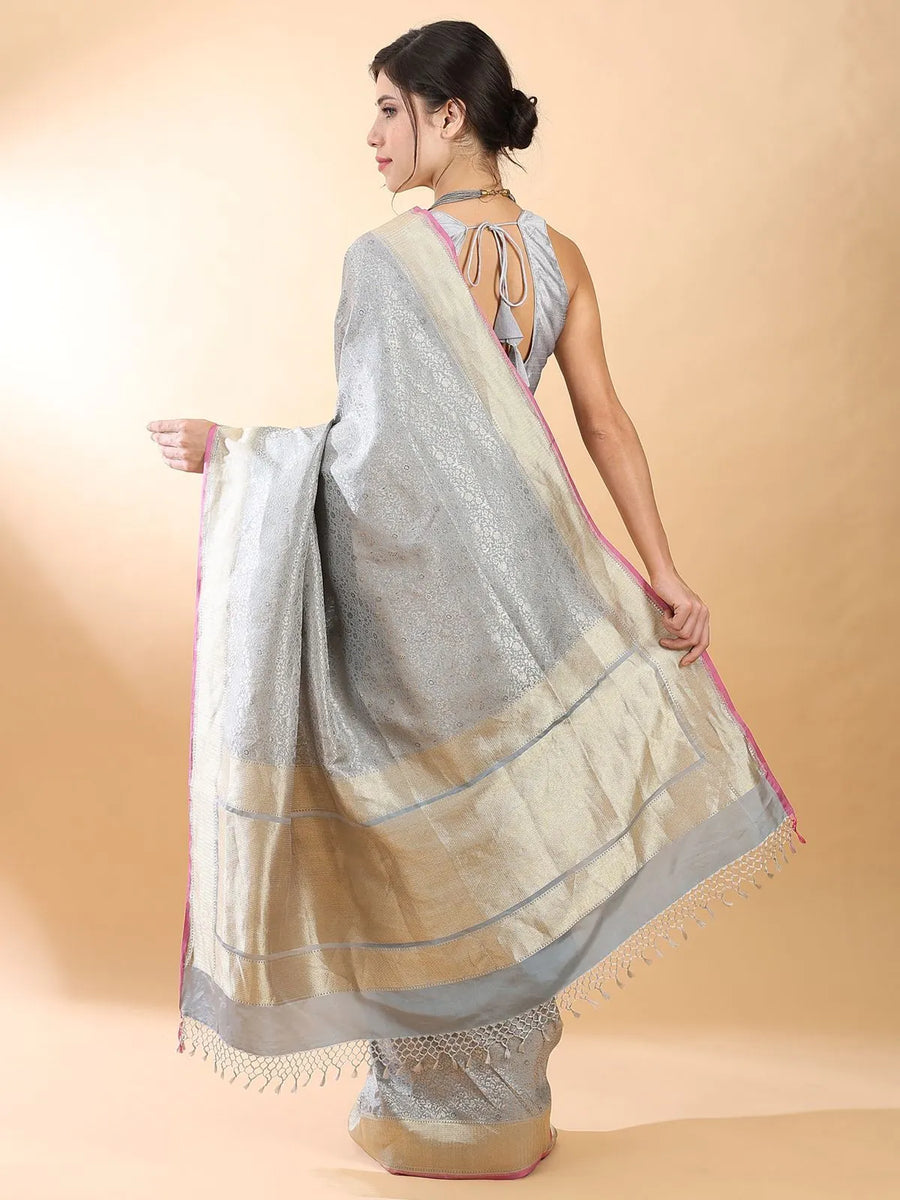 Grey-Silver Banarasi Silk Saree