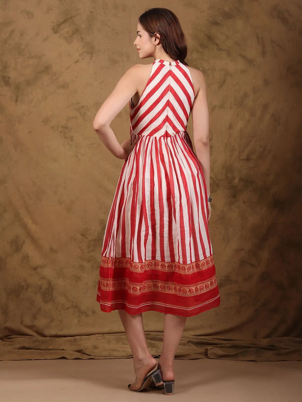 Striped halter neck dress with high tie neckline and bare shoulders, front view