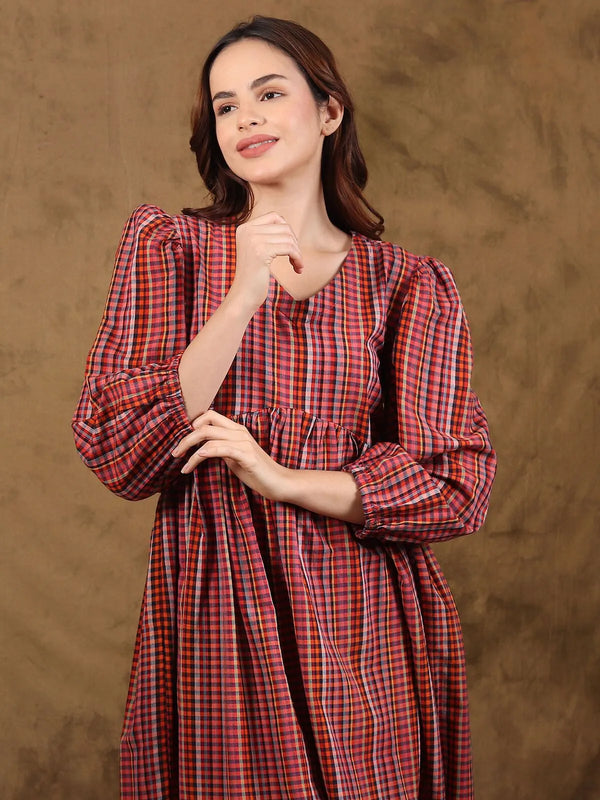 Handloom cotton empire-line short dress, front view showing the seam below the bust and loose skirt