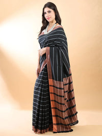 Handloom Cotton Black-White Stripes Saree