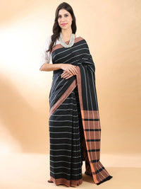 Handloom Cotton Black-White Stripes Saree