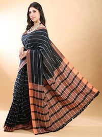 Handloom Cotton Black-White Stripes Saree