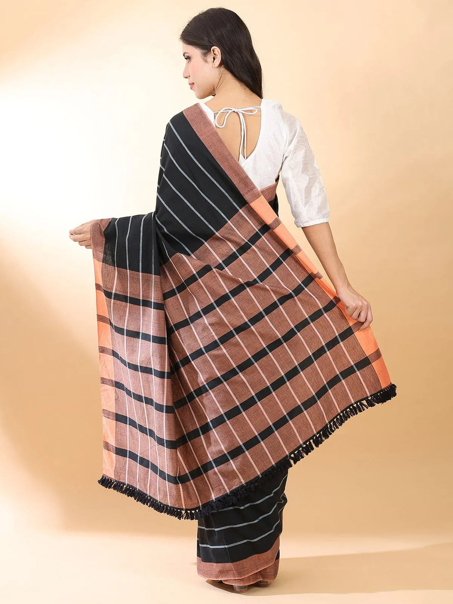 Handloom Cotton Black-White Stripes Saree