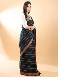 Handloom Cotton Black-White Stripes Saree