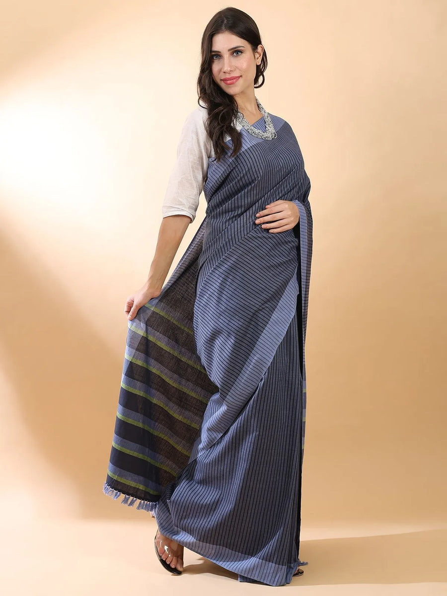 Handloom Cotton Blue Stripes Saree