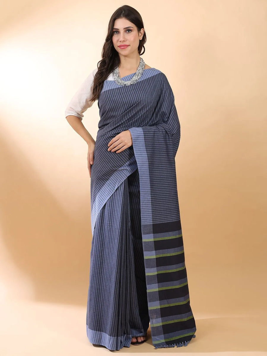 Handloom Cotton Blue Stripes Saree