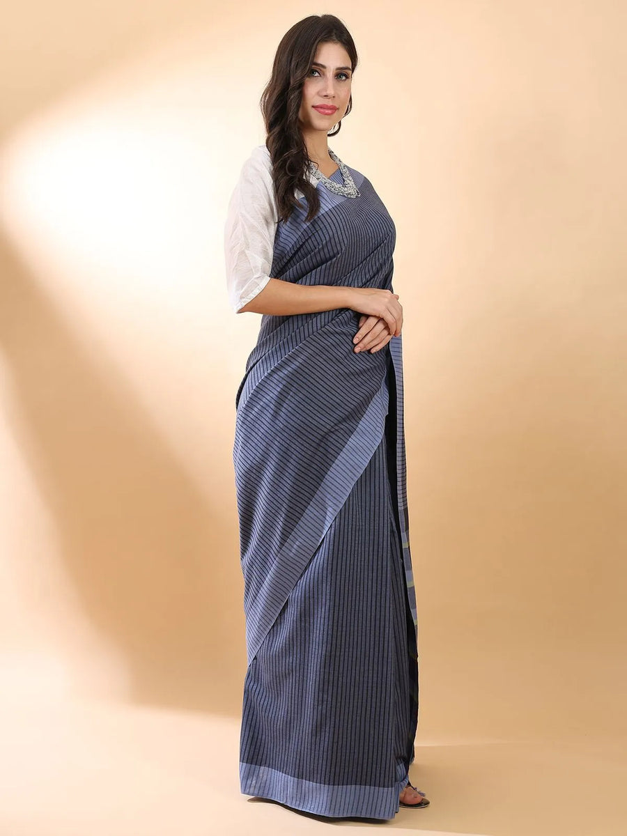 Handloom Cotton Blue Stripes Saree
