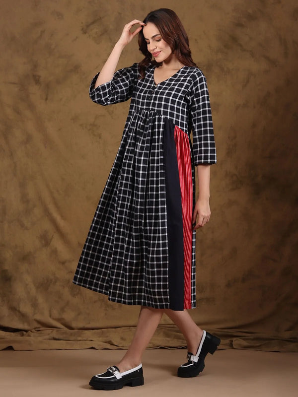 Handloom cotton empire line gathered dress from Barabanki, full front view