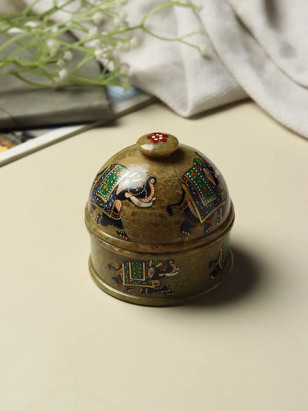 Handpainted marble jewellery box with peacock and floral meenakari motifs on the lid
