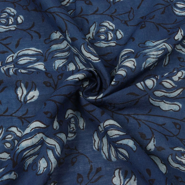 Indigo blue cotton curtain with white hand block printed rose motif