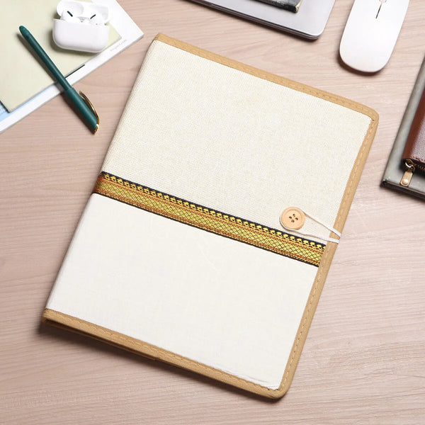 Jute file folder with a button lock closure, woven natural jute cover, front view