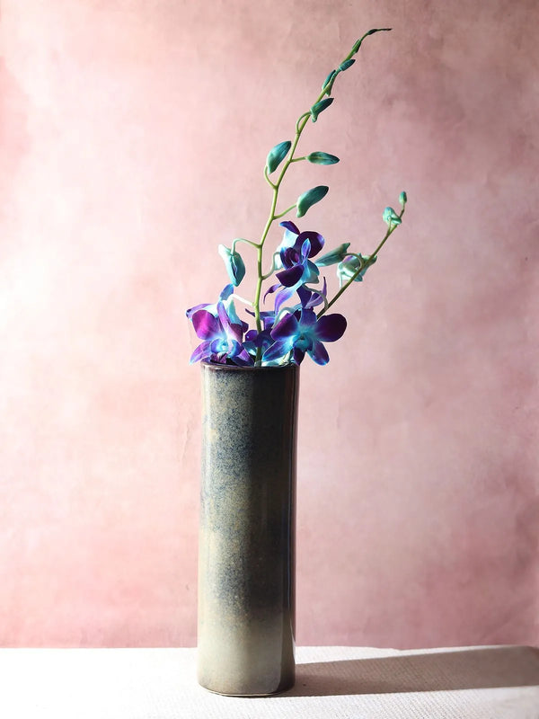 Khurja Pottery cylindrical ceramic planter with hand-painted glaze, front view
