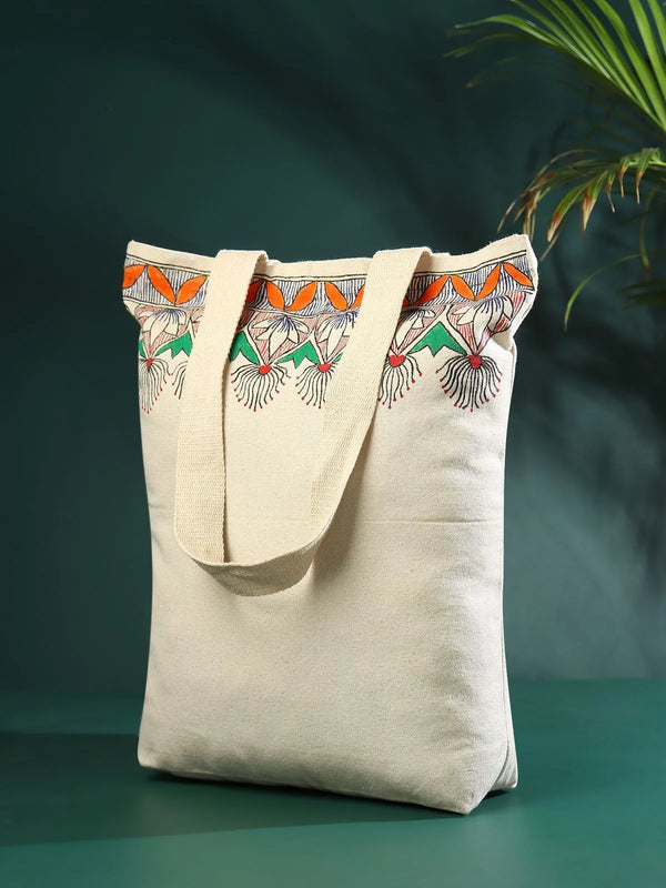 Madhubani jhola bag with a hand-painted Mithila border in double-line style