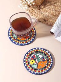 Madhubani coaster set hand-painted with Mithila motifs in filled colour and bold outlines