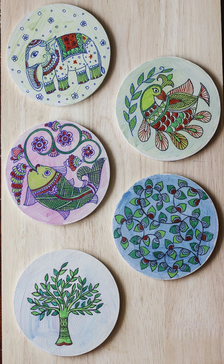 Madhubani Motifs Hand-painted On Wood Round Coasters