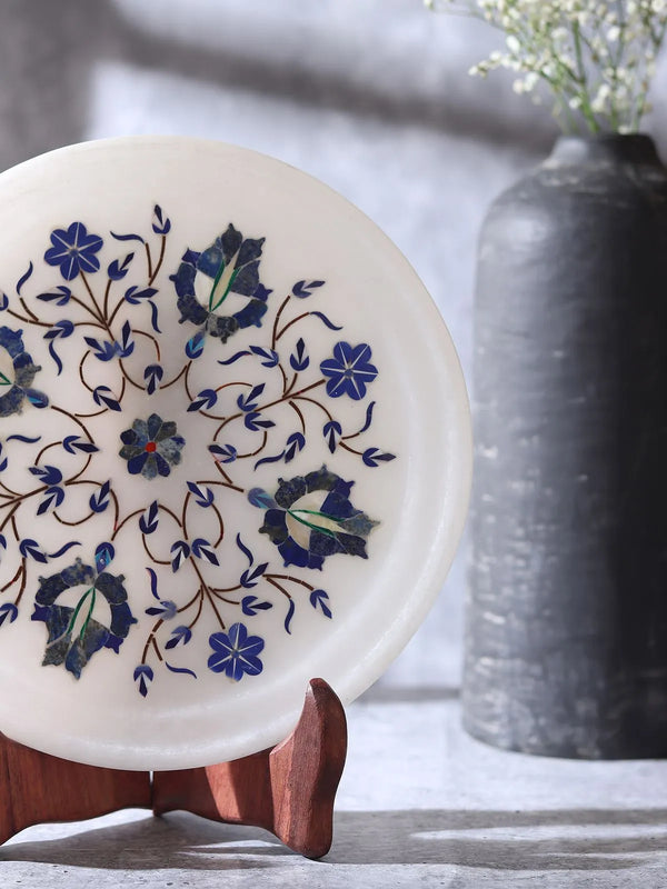 Blue floral marble inlay decorative plate handcrafted in Agra with semi-precious stones