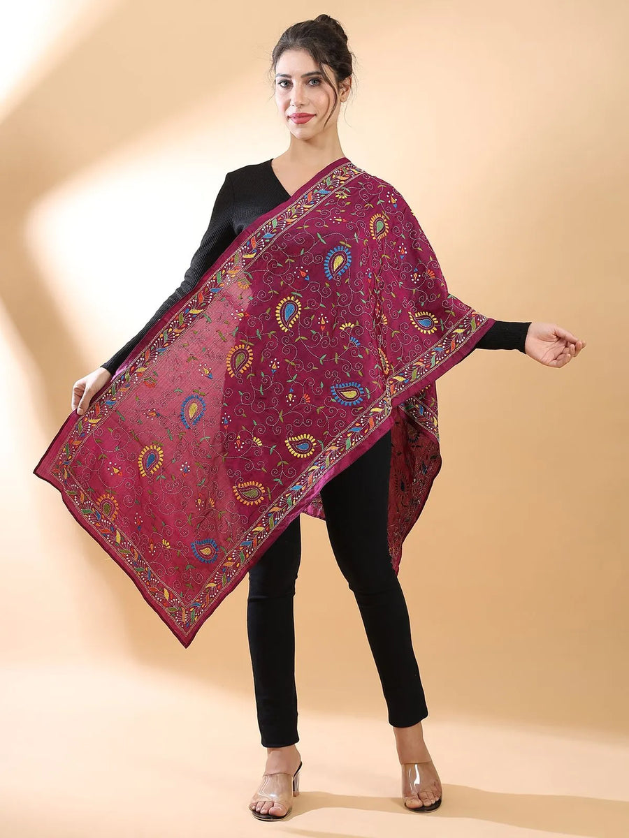 Maroon Floral Kantha Stole