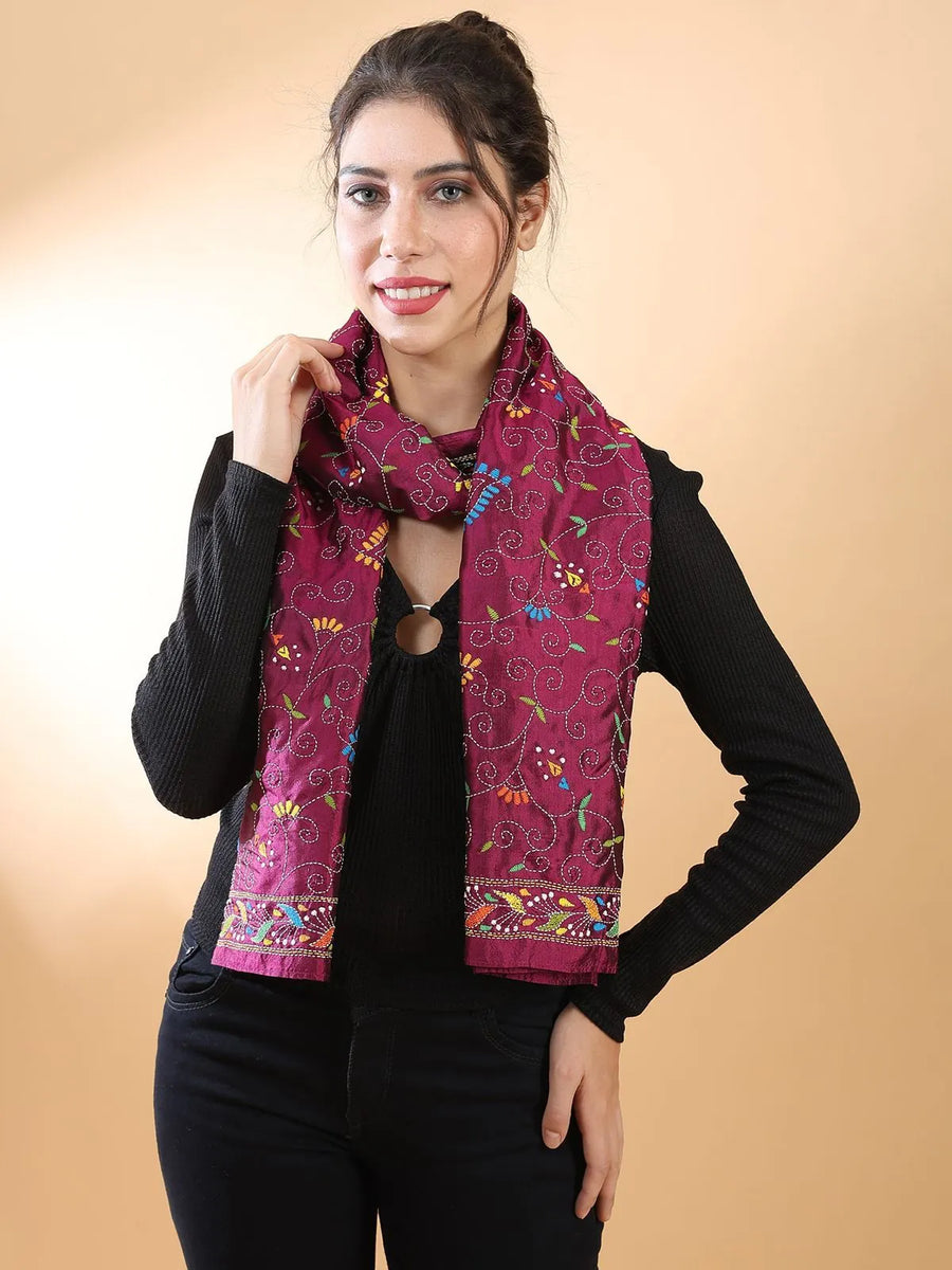 Maroon Floral Kantha Stole
