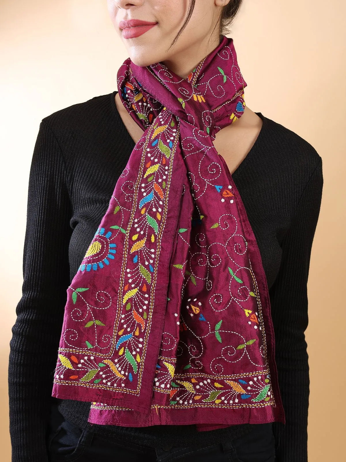 Maroon Floral Kantha Stole