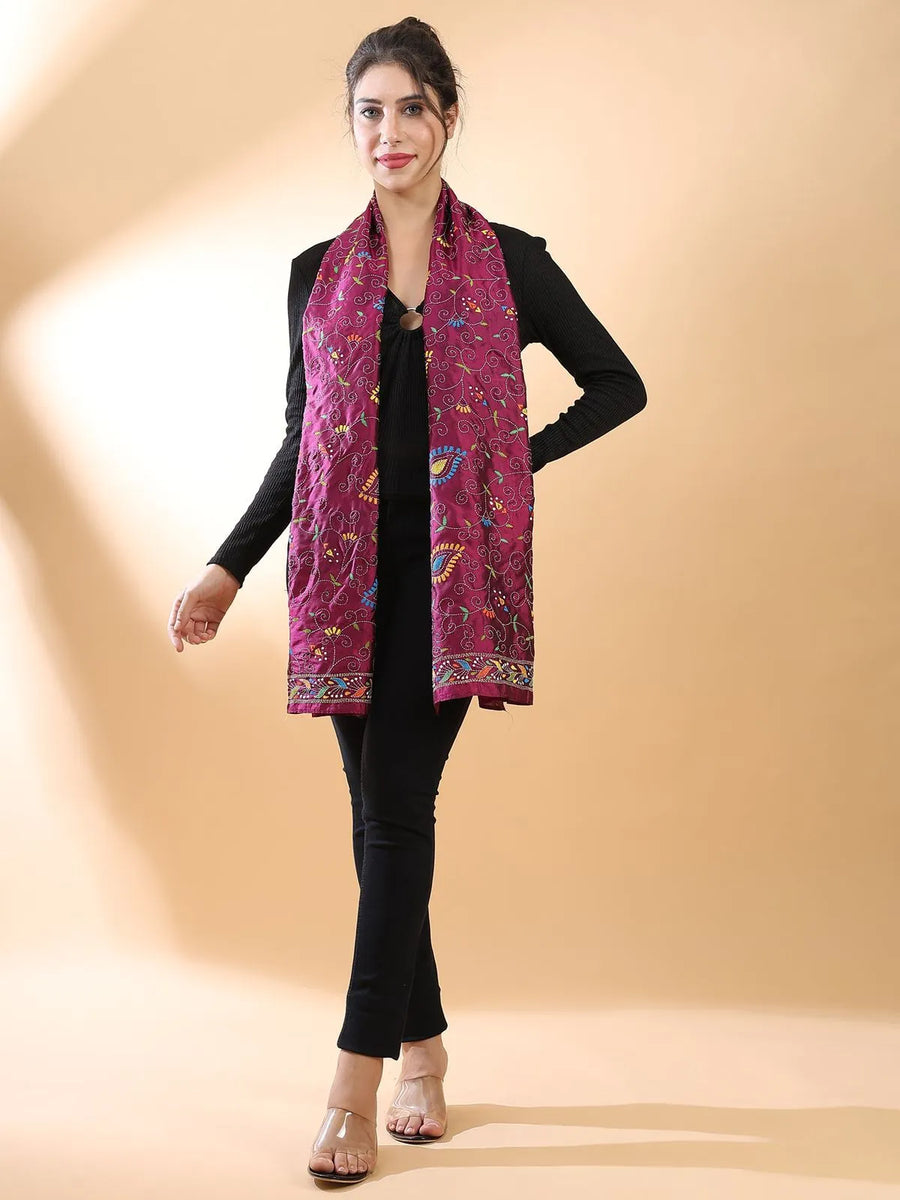 Maroon Floral Kantha Stole