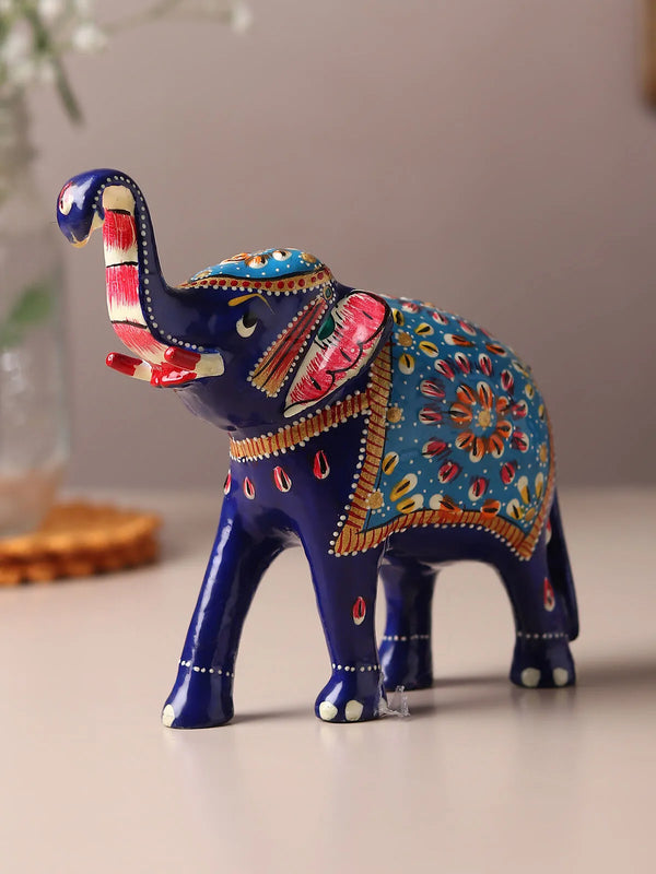 Blue Meenakari elephant showpiece in handpainted metal with floral enamel motifs, Jaipur Rajasthan