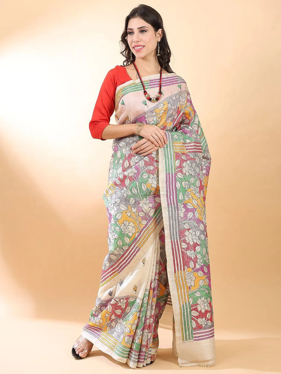 Multicolor Kantha Silk Saree
