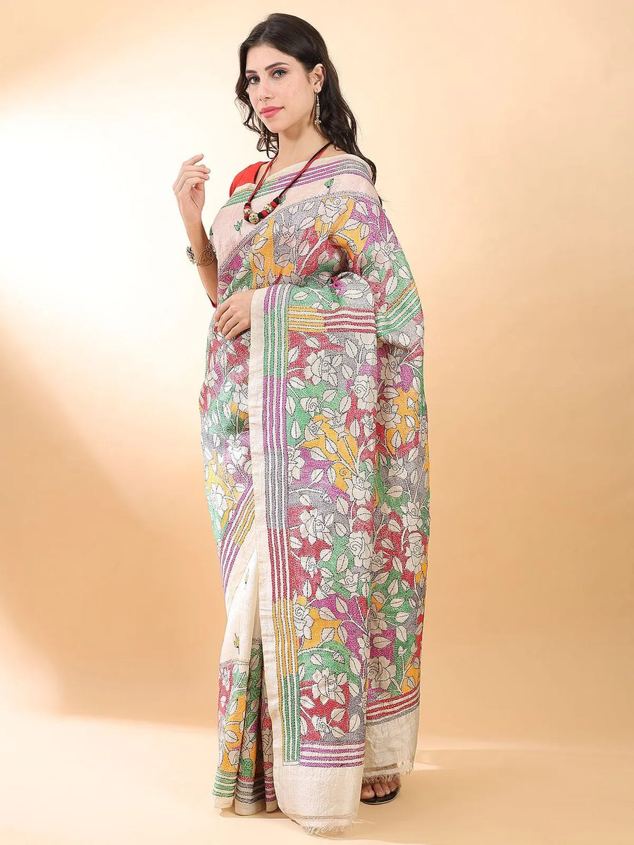 Multicolor Kantha Silk Saree