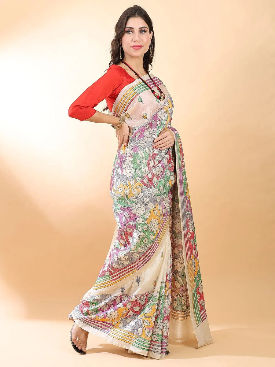 Multicolor Kantha Silk Saree