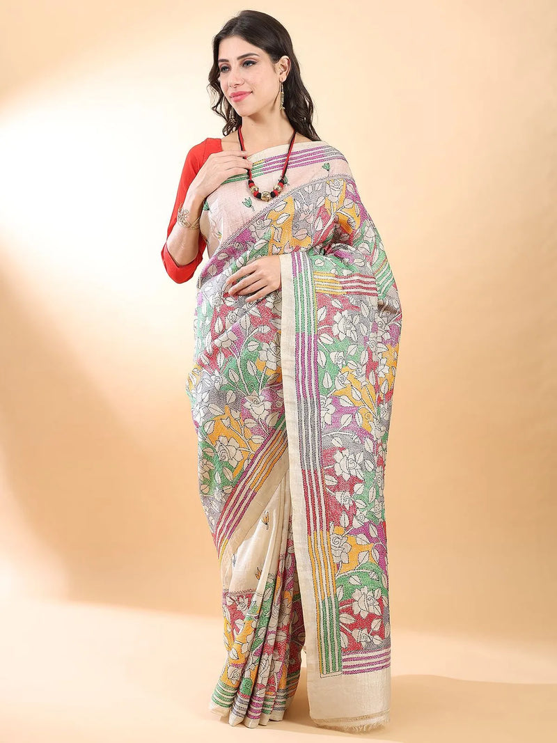 Multicolor Kantha Silk Saree