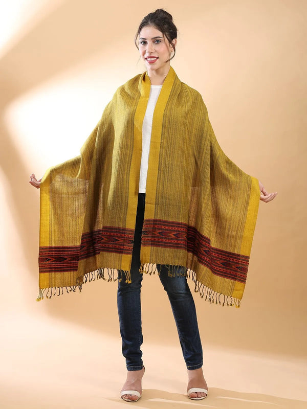 Mustard Himachali wool shawl with Kinnauri-style geometric border, full view