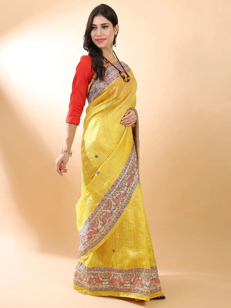 Mustard Madhubani Silk Saree