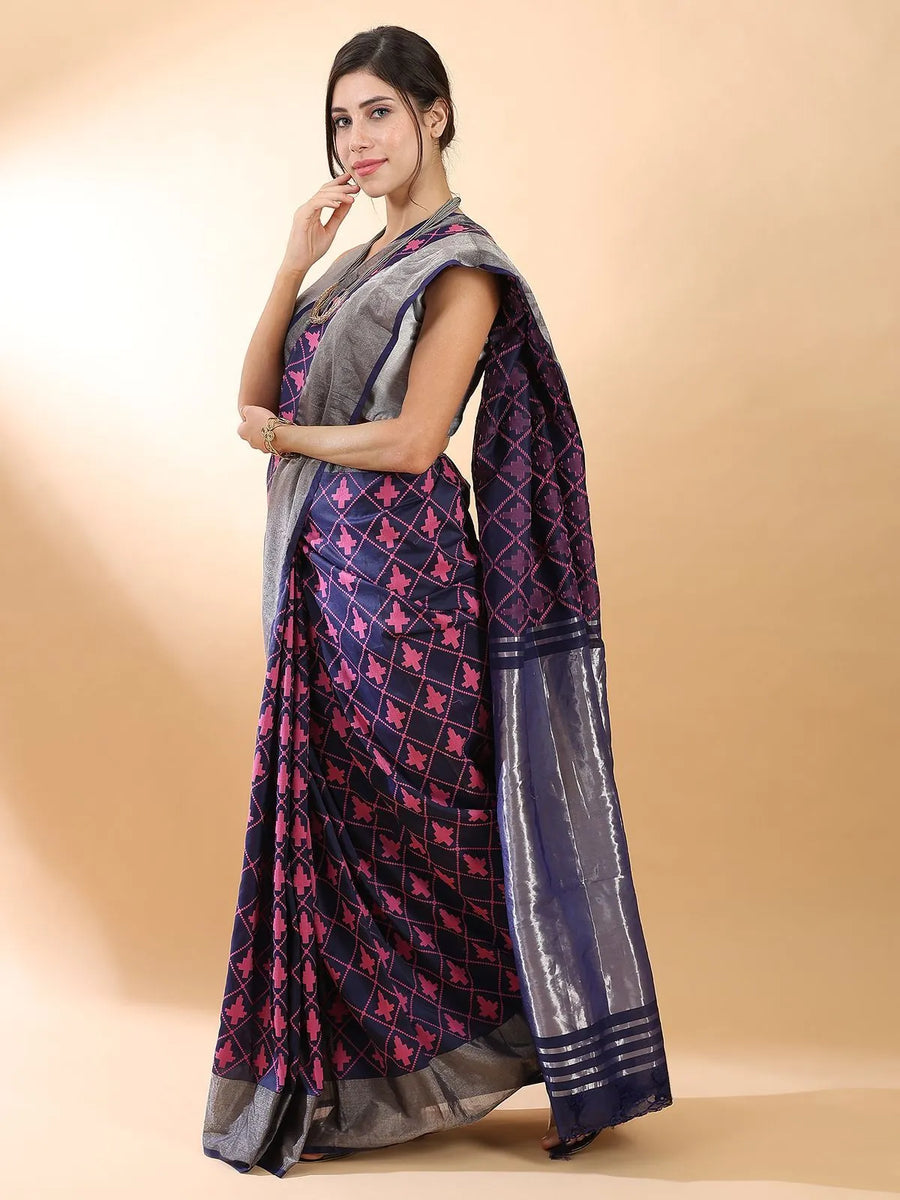 Navy Blue-Silver Banarasi Saree