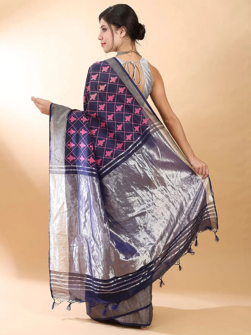 Navy Blue-Silver Banarasi Saree