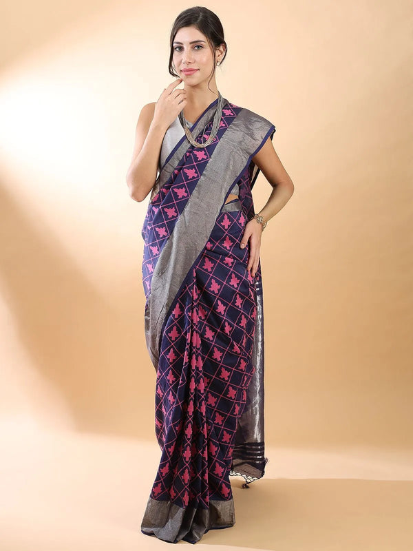 Navy blue Banarasi saree with silver-tone zari motif work, handwoven