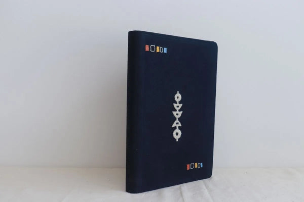 Navy embroidered diary cover with coloured hand-stitched thread work