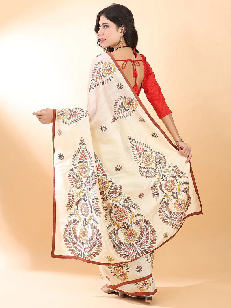 Off-White Kantha Silk Saree
