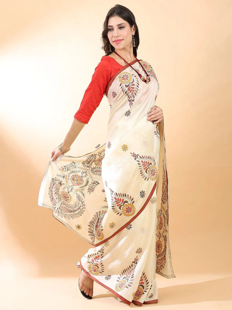 Off-White Kantha Silk Saree